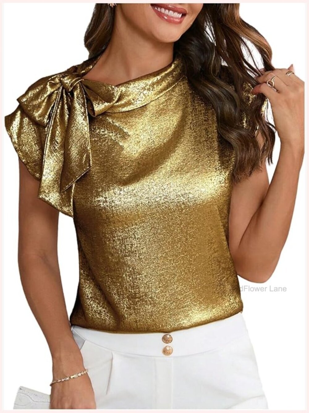 Metallic Bow Tie Mock Neck Cap Sleeve Blouse Women Elegant Top